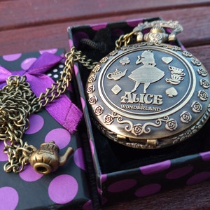 Alice in Wonderland antique style full size pocket watch on necklace with charm - FREE  gift box/pouch