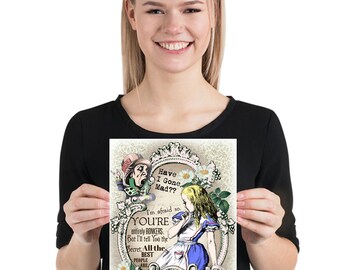 Alice in Wonderland Vintage Art Print – "Bonkers" Quote, A4 Glossy Poster