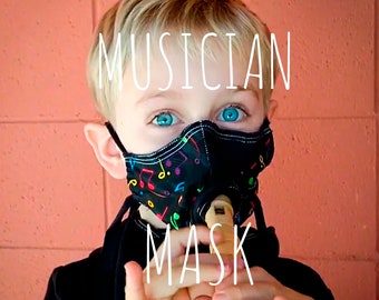 Instrument Mask for musicians with VERTICAL mouth opening and Flex-fit nose