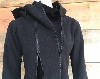 Sculpture Fleece Hoodie : Double Two-Way Zipper Waist-Length in Black