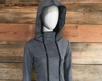 1/2 PRICE SALE Sculpture Fleece Hoodie : Double Two-Way Zipper Waist-Length in Heather Grey