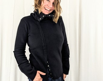 Asymmetric Fleece Jacket : Snap Waist-Length in Black