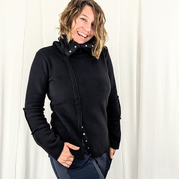 Asymmetric Fleece Jacket : Snap Waist-Length in Black