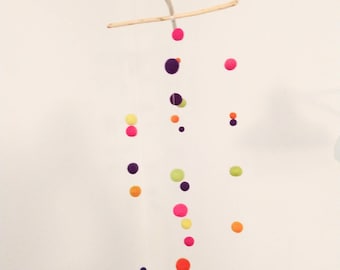 ON SALE Handmade Mobile Felted Balls on Beaver Stick : Vibrant Purple, Pink, Chartreuse, Yellow, Orange