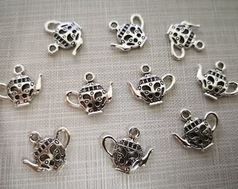 10 Assorted Tea Party Charms Tea Pots Spoons Silver Tone Metal Cups
