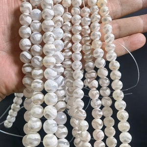 1 Full Strand 8mm 10mm White Tibetan dzi beads , Tibetan Agate Beads ,Striped Agate Beads , Faceted Agate Beads for Jewelry Making ,BA-166