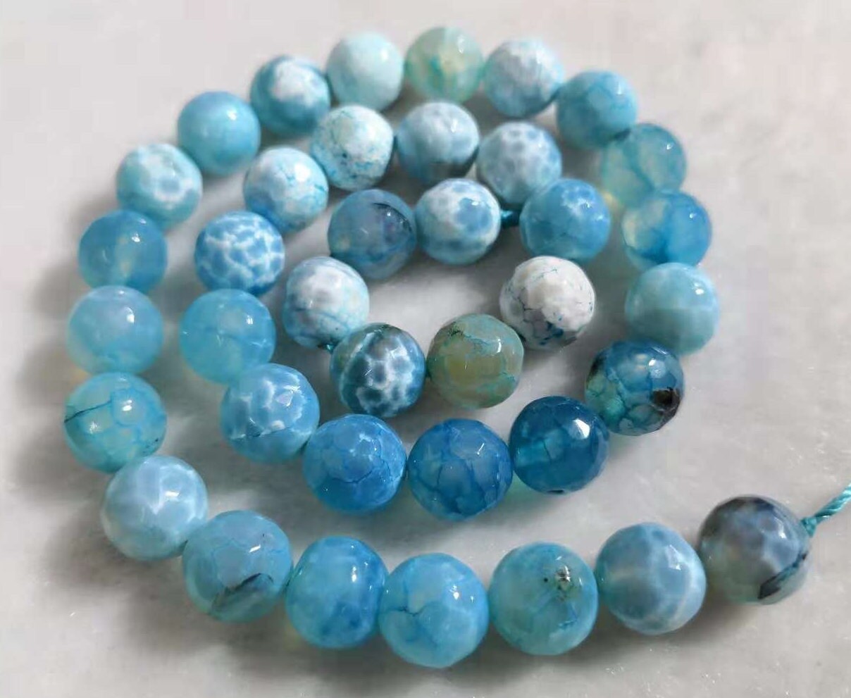 thumbnail image 2 of Faceted Blue Stripe Agate Gemstone Round Loose Beads Strand - 6/8/10/12mm Sizes, 15" (Center-Drilled, Nickel-Free) 2 of 6