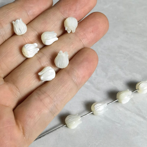 Mother Of Pearl Tulips ,3D Flower Beads , Flower Shell Spacer Beads, 8x9mm White MOP Beads ,5 - 100pcs Bulk Lot Options , Hole 1mm .BA- 779