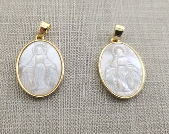 1 - 30pcs Nacre Naturelle Sculpture Jess Mary Charms, 17x24mm Oval Shell Jess -Virgin Mary Cameo Pendentif, Plaqué Or 18k, BA- 740