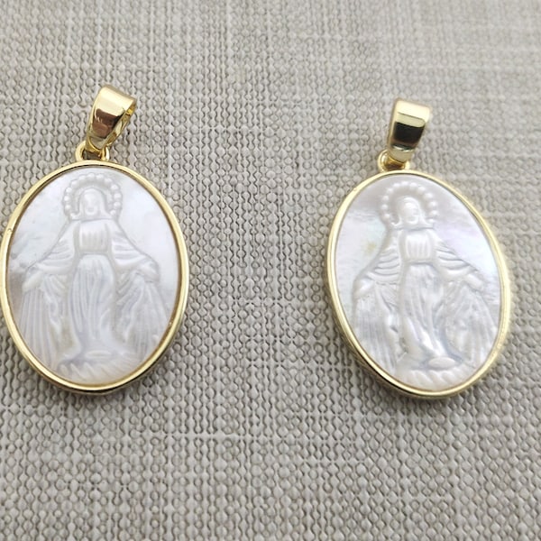 1 - 30pcs Natural Mother Of Pearl Carving Jess Mary Charms, 17x24mm Oval Shell Jess -Virgin Mary Cameo Pendant ,18k Gold Plated ,BA- 740