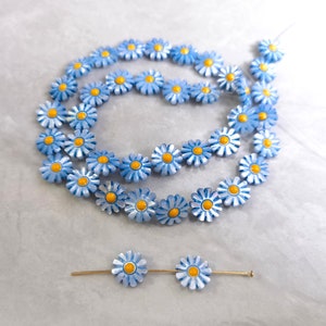 Mother of Pearl Daisy Flower Beads , Double Sided Sky Blue Flower Beads ,10mm Carved Daisy Beads .Select Quantity 5 - 100 ,Hole 1mm BA- 1236