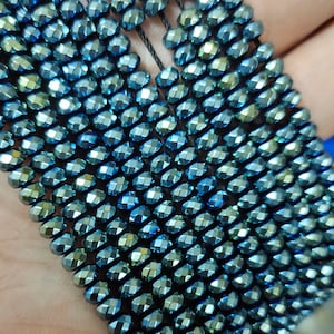 3 x 4 mm 虹色ブルー ヘマタイト ロンデル ビーズ、ヘマタイト ファセット ビーズ、アイリス ヘマタイト スペーサー ビーズ、ビーズ ストランド、ロンデル ビーズ
