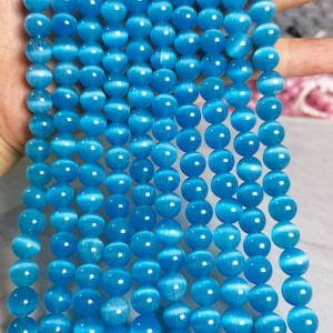 Blue Cat&#39;s Eye Round Loose Beads , Cat Eye Beads , 6mm 8mm 10mm Smooth Round Semi Precious Stone Beads ,15” Full Strand ,BA- 1594