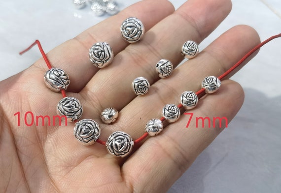 30pcs Double Sided Rose Beads ,Rose Bud Flower Spacer Beads ,7mm / 10mm Spacer Beads ,Antique Silver Tone Rose Beads ,BA- 1393
