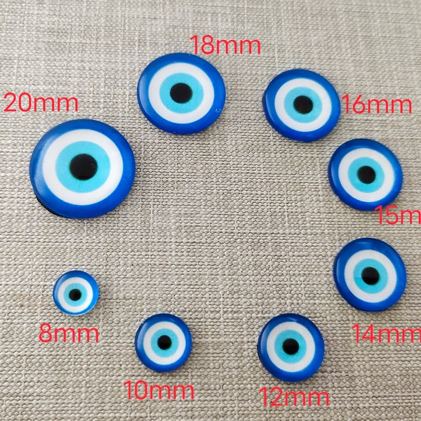 Verre rond Evil Eye avec cabochons à dos autocollant, couvercles de cabochon en verre bombé circulaire, cabochon en verre à dos plat, 8 - 20mm Options de lots en vrac