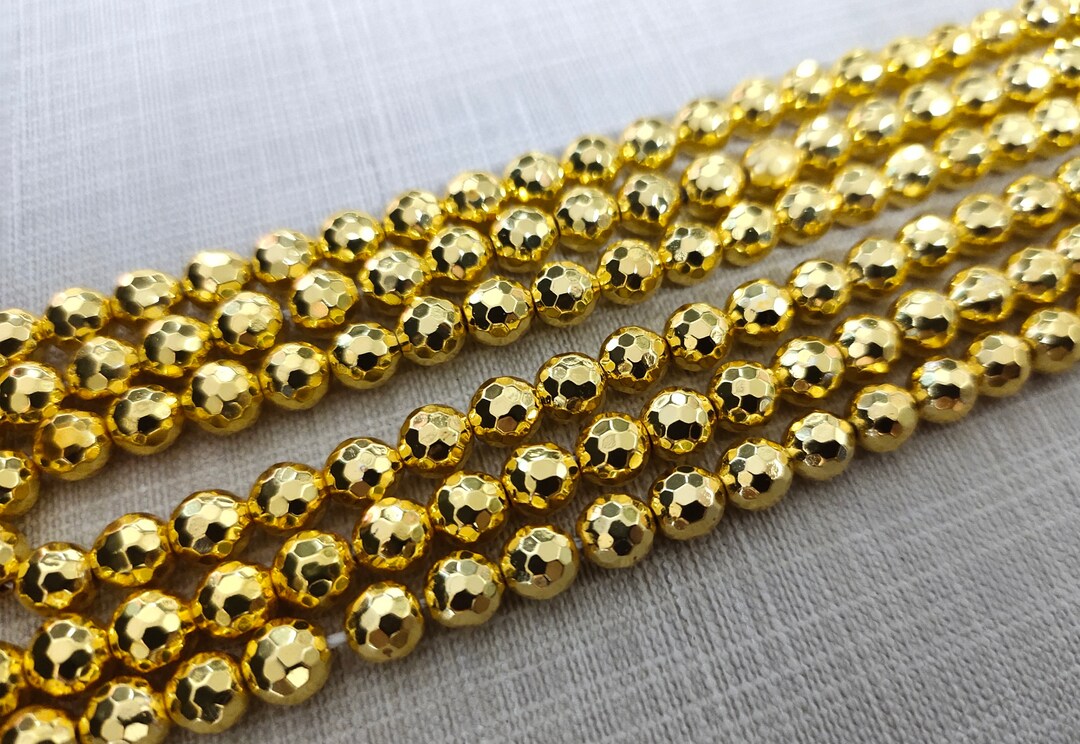 1 Full Strand 6mm 8mm 10mm Gold Hematite Beads , Hematite Faceted Round