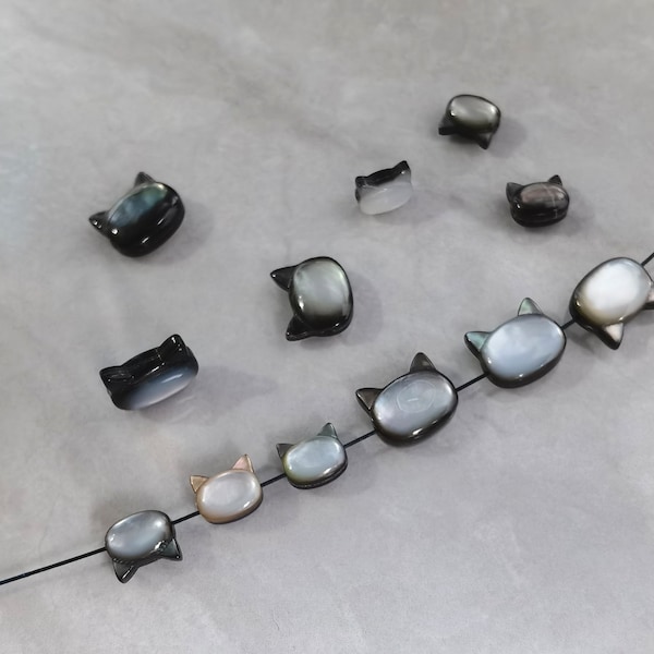 Natural Mother of Pearl Cat Beads, Natural MOP Cat Head ,Double Sided Black Shell Cat Connectors , Size and Quantity Options ,BA- 1281