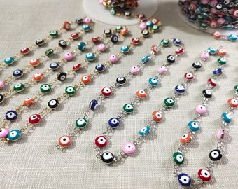 1 Meter Silver Or Gold Plated Evil Eye Chain ,Multicolor Evil Eye Chain 7mm Evil Eye Chain , Waist Chain Necklace DIY Jewelry Making ,BA 703