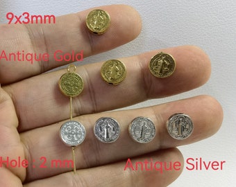 Cuentas de medalla de San Benito, Medalla de persecución del diablo de San Benito de 9x3 mm, cuentas espaciadoras de San Benito, 20-100 piezas opcionales, BA- 1610