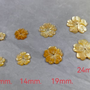 May include: Seven iridescent, carved, mother-of-pearl flower shapes in various sizes. The flowers are 10mm, 14mm, 19mm, and 24mm in diameter.