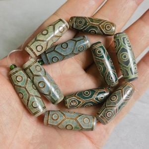 10pcs Ancient Green Tibetan dzi beads ,10x30mm Sacred Beads, 9 Eye Dzi Beads ,Religious Beads ,AQ- 1366