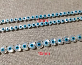 Perles de cœur en perles double face de 6 à 10 mm, perles en forme de cœur en nacre contre le mauvais œil, options de lot en vrac de 5 à 100 pièces, BA-705