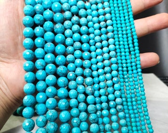 Turquoise Faceted Round Beads , 4mm 6mm 8mm 10mm Howlite Turquoise Beads , Semiprecious stone Beads , Jewelry Making ,15” Strand,BA- 1384