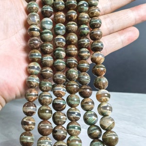 8mm 10mm Ancient Green Tibetan dzi beads ,Tibetan Agate Round Beads, Green Striped Dzi Beads ,DZI Agate Beads ,14” Full Strand , AS- 1111