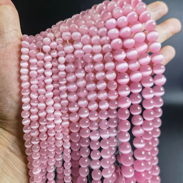 Perles rondes en vrac d’oeil de chat rose, perles d’oeil de chat, perles de pierre semi-précieuses rondes lisses de 6 mm, 8 mm, 10 mm, brin complet de 14 po, BA- 1361