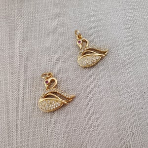 2 pcs Micro Pave CZ Swan Charms , 18k Gold Plated Swan Charm ,18x19mm Wedding Bridal Charm ,Findings , BA-755
