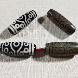 15 Eye Tibetan DZI Drum Barrel Beads,Antique Green - Black Agate Dzi Beads ,12x30mm Rice Dzi Prayer Beads ,Jewelry Making ,5-30pcs ,AQ-510