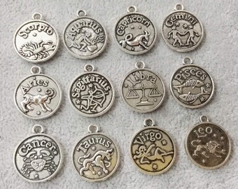 Antique Silver Zodiac Charms ,18mm Zodiac Pendants ,Zodiac Jewelry ,Zodiac Star Sign Thick Pendant ,Astrology Zodiac Charm ,Bulk Lot Options