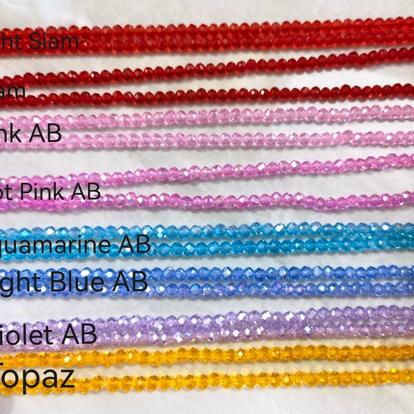 Perles de rondelle en cristal irisé de 3 x 4 mm, perles de verre en cristal à facettes, perles de cristal brillantes, perles de cristal, brin complet de 17 po