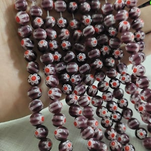Millefiori Glasperlen,Lila Blumen Runde Perlen,6mm 8mm 10mm Glas Runde Perlen zur Schmuckherstellung,Mengenoptionen, HA-634
