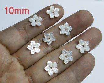 Cuentas de flores de nácar de 10 mm, cuentas de flores de concha talladas a mano, cuentas de flores de nácar blanco, dijes de flores, lote de 5 a 100 piezas opcionales, BA- 1713