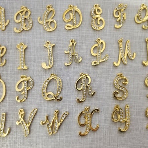 Pave Crystal Letter Charms ,Gold Plated A - Z Alphabet letters,Rhinestone Pave letter Charm Bulk Lot Options, Height 24-27mm,Width 10-26mm
