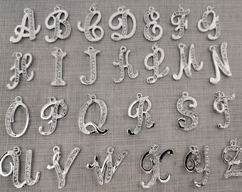 Pave Crystal Letter Charms ,Silver Plated A - Z Alphabet letters,Rhinestone Pave letter Charm Bulk Lot Options, Height 24-27mm,Width 10-26mm