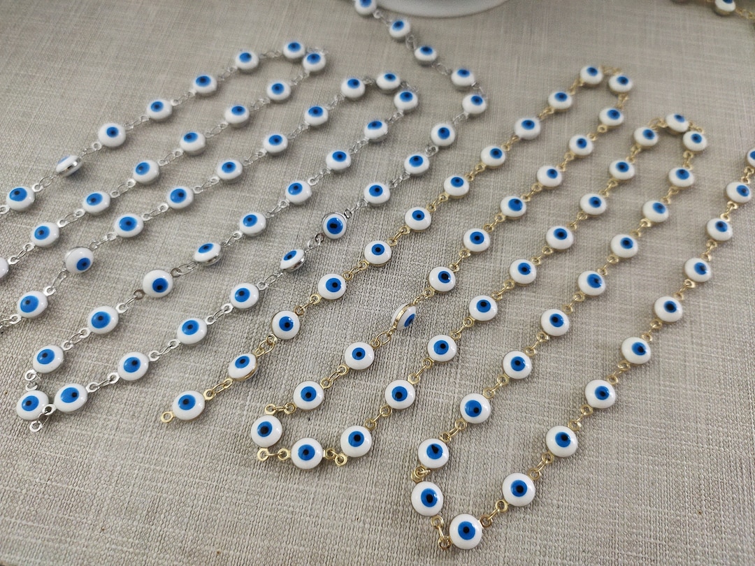 1 - 10 Meters Silver Gold Plated Evil Eye Chain Blue & White Evil Eye ...