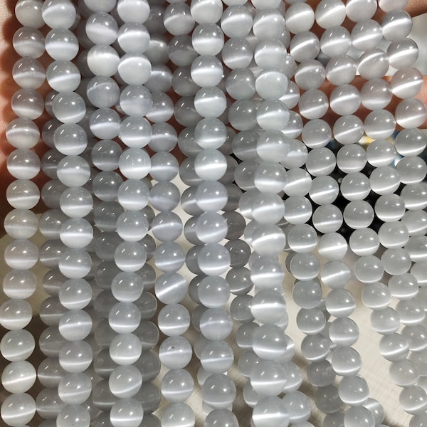 1 brin complet de perles rondes en œil de chat gris, perles en œil de chat, 6 mm 8 mm 10 mm perles rondes lisses en pierre semi-précieuse pour la fabrication de bijoux, BA-304