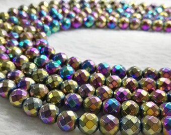1 Full Strand 6mm 8mm 10mm Hematite Rainbow Beads , Hematite Faceted Round Beads , Hematite Rainbow Mystic Beads , Beading Strands ,Findings