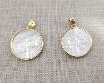 1 - 30pcs 18k Gold Plated With Natural Mother Of Pearl Carving St. Benito Charms, 22mm Cross Rosary Centers, Mary Jesus-Cross Charm ,BA- 751