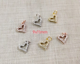 11 x 9 mm Micro Pave CZ Herz Charms, Platin überzogen / Gold / Rose Gold Herz Charms, Pave CZ Herz Schmuck Charms, Zubehör, 5-50 Stück, BA694