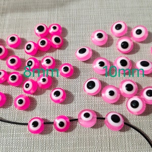 50 - 100Pcs Flat Round Pink Evil Eye Beads , Resin Evil Eye Beads , 8mm , 10mm Pink Beads for jewelry making