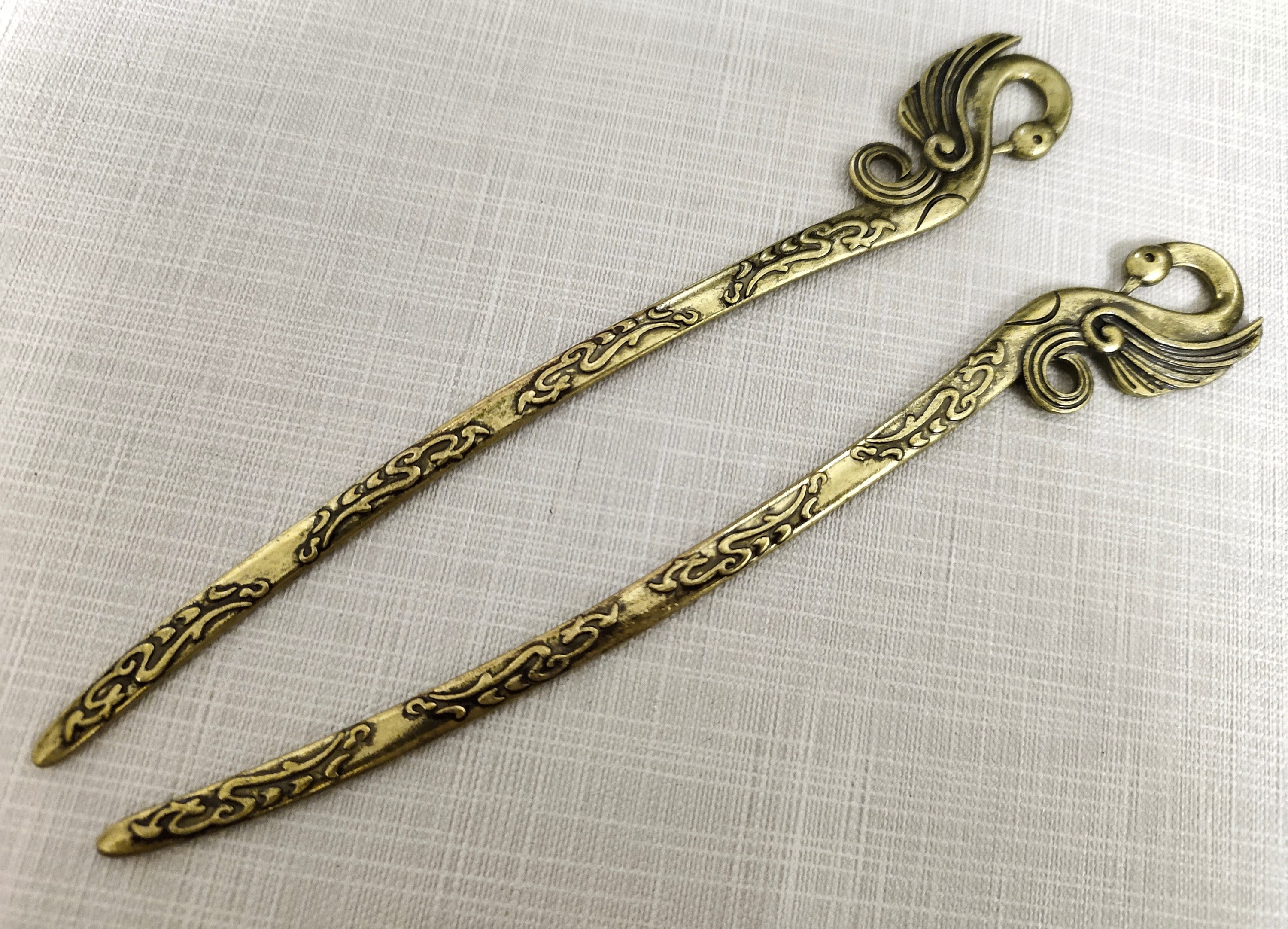 Choose Pair of Hairsticks Vintage Bears or Birds 5 Pcs Double Sided Birds Pattern hair Accessories ,antique  main image 3
