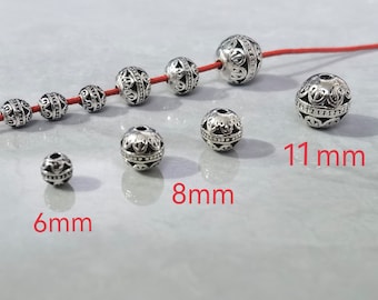 30 Stück tibetischen Stil Perlen, Metall Spacer Perlen, 6mm 8mm 11mm Metallperlen, Antik Silber runde Kugel Spacer Perlen, BA-1395