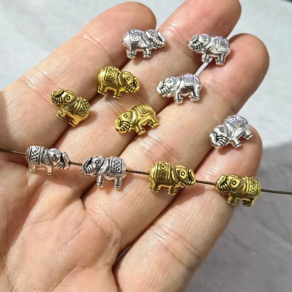 50pcs perles d'espacement d'éléphant, bijoux d'éléphant de 13x9mm, perles d'éléphant porte-bonheur en argent antique d'or, BA- 1299