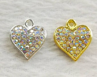 10 pcs  Rhinestone Heart Charms ,  Heart Pendants , Love Charms ,DIY Jewelry Pendants ,Findings