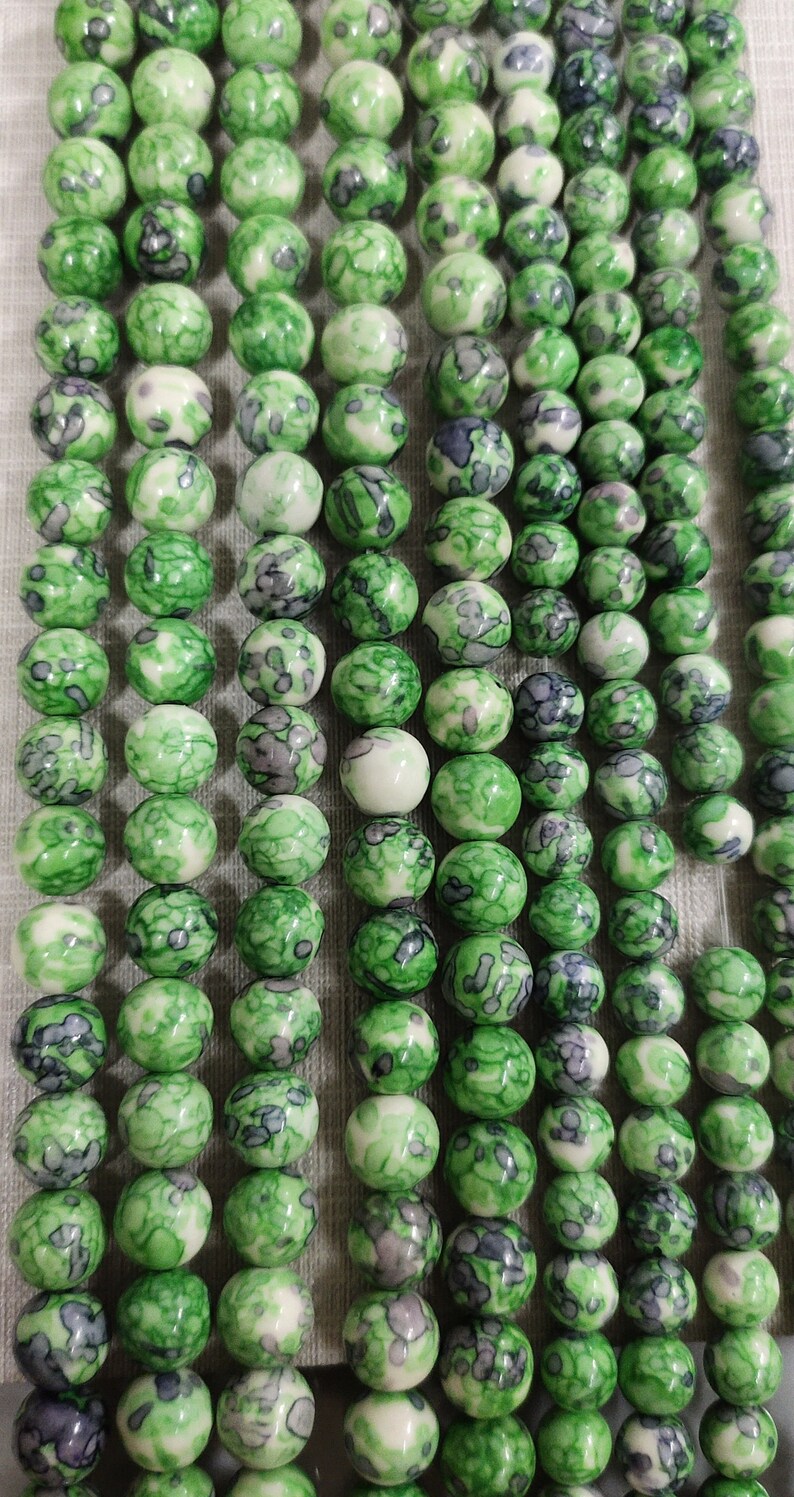 Semi Precious Stone Beads BA-177 Wholesale 6m 8mm 10mm Smooth Round Stone Beads 1 Full Strand Green and Gray Rain Flower Stone Beads