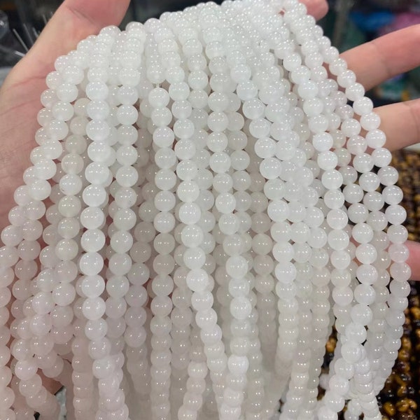 1 Full Strand 6mm 8mm 10mm White Jade Beads , Smooth Round Jade Beads , Stone Beads , Gemstone Bead ,DIY Findings , QA-464