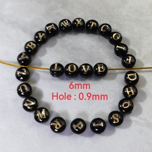 Cuentas de vidrio negro de 6 mm, letras doradas negras redondas abullonadas, cuentas de letras de doble cara, agujero de 0,9 mm, cantidad opcional de 2 a 50 piezas, BA-1480